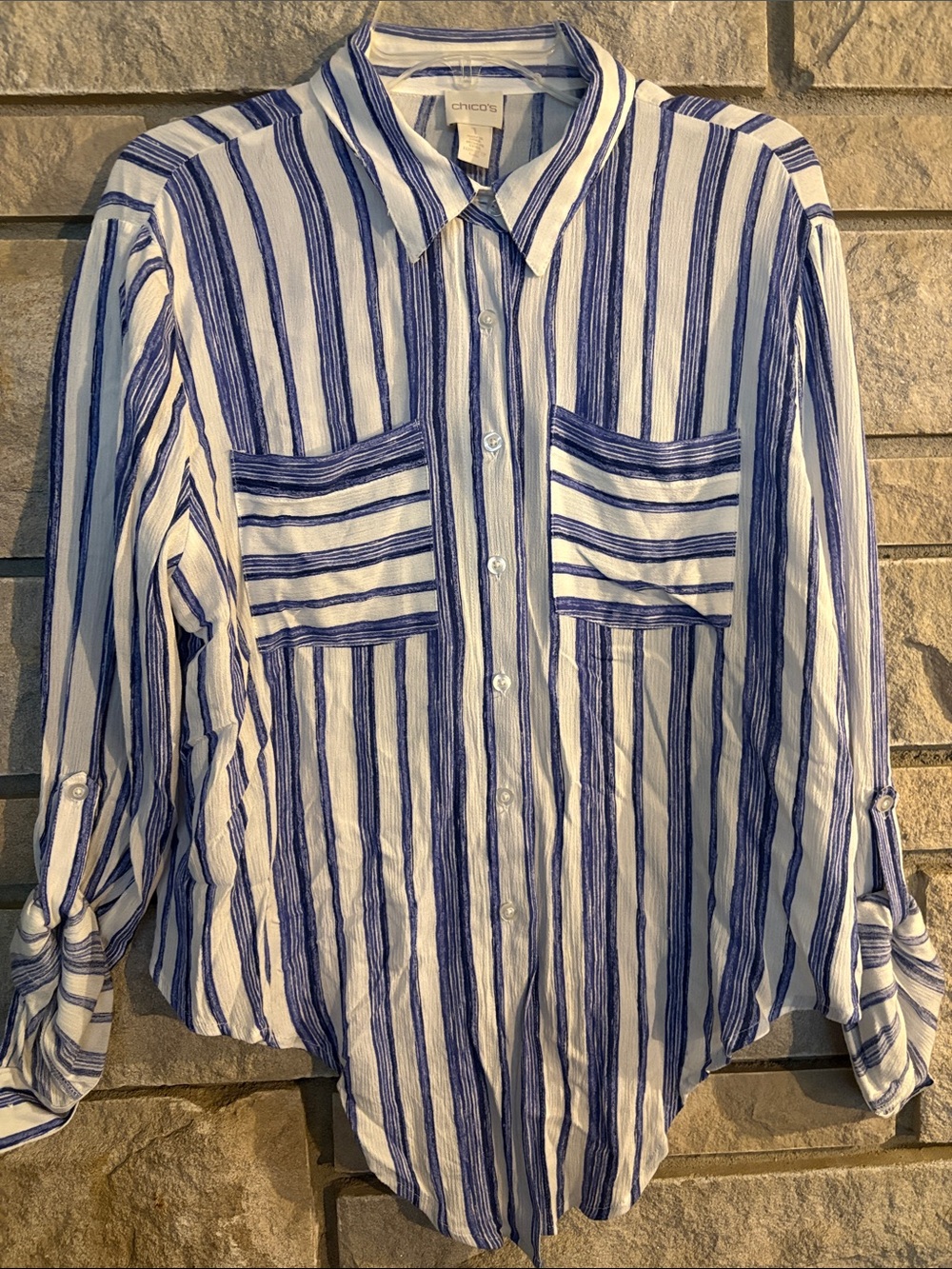 Chico's White and Blue Vertical Stripe Button-Down Shirt